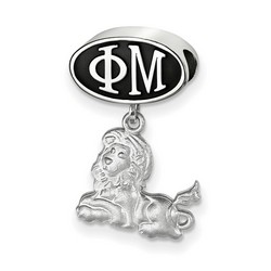 Phi Mu Sorority Black Oval House Letters Bead & Lion Dangle in Sterling Silver