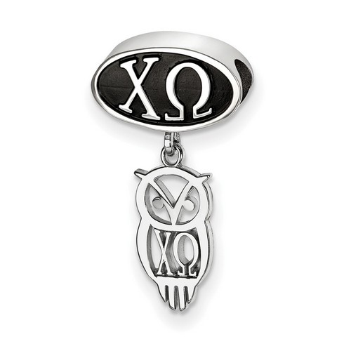 Chi Omega Sorority Black Oval House Letters Bead & Owl Dangle in Sterling Silver