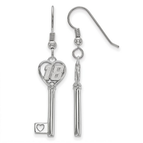 Kyle Busch #18 Car Number in Heart Key Sterling Silver Shepherd's Hook Earrings