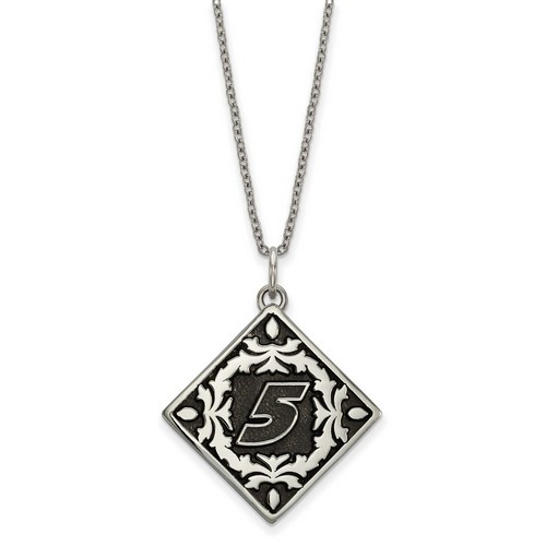 Kasey Kahne #5 Square Stainless Steel Bali Type Leaf Pattern Pendant & Chain