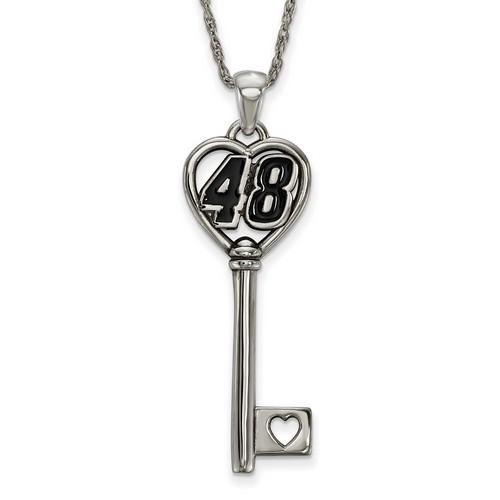 Jimmie Johnson #48 Number Inside Heart Key Stainless Steel Pendant & Rolo Chain