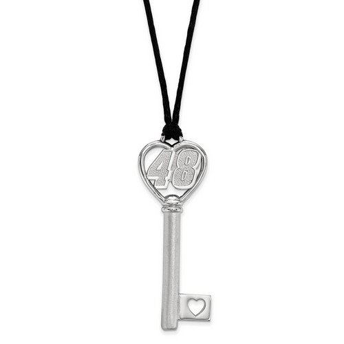 Jimmie Johnson #48 Heart Key On Silk Cord Necklace In Sterling Silver 11.34 Gr