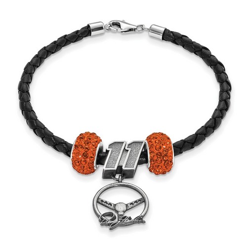 Denny Hamlin #11 Two Orange Crystal Beads Steering Wheel Black Leather Bracelet