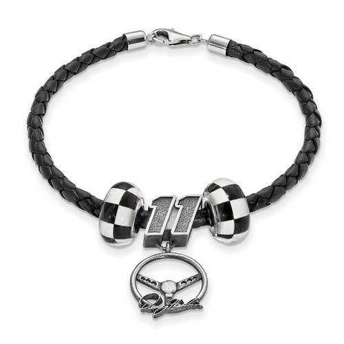 Denny Hamlin #11 Two Checkered Flag Beads Steering Wheel Black Leather Bracelet