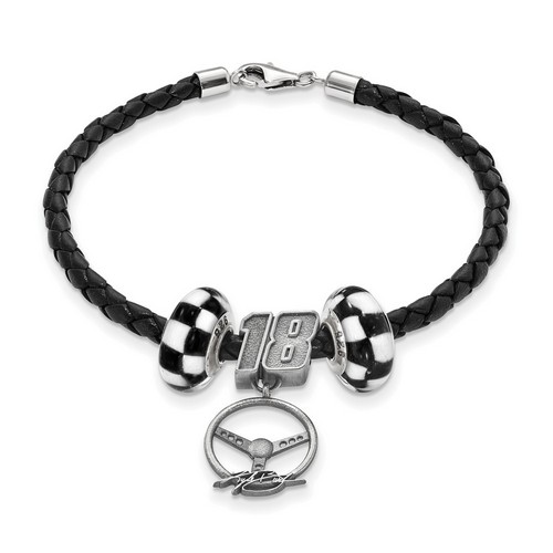 Kyle Busch #18 Twin Checkered Flag Beads Steering Wheel & Black Leather Bracelet