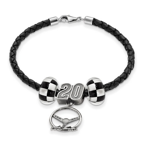 Matt Kenseth #20 Twin Checkered Flag Beads Steering Wheel Black Leather Bracelet