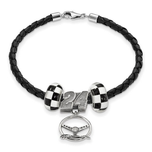 Jeff Gordon #24 Two Checkered Flag Beads Steering Wheel & Black Leather Bracelet