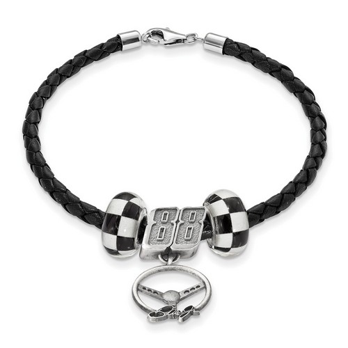 Dale Earnhardt Jr 88 Twin Checkered Flag Beads Wheel Black Leather Bracelet