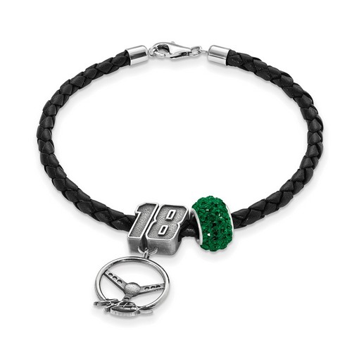 Kyle Busch #18 Green Crystal Silver Bead Steering Wheel & Black Leather Bracelet