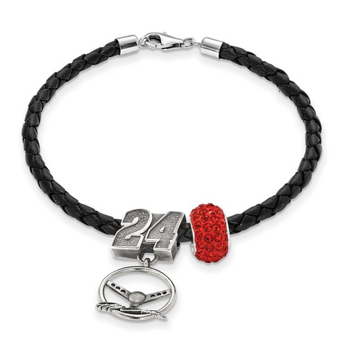 Jeff Gordon #24 Silver Red Crystal Bead Steering Wheel & Black Leather Bracelet
