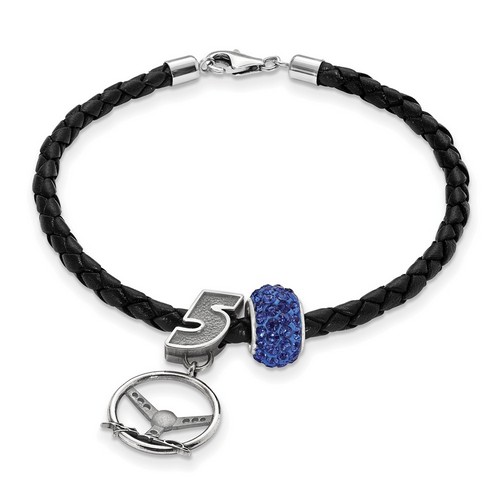 Kasey Kahne #5 Silver Blue Crystal Bead Steering Wheel & Black Leather Bracelet