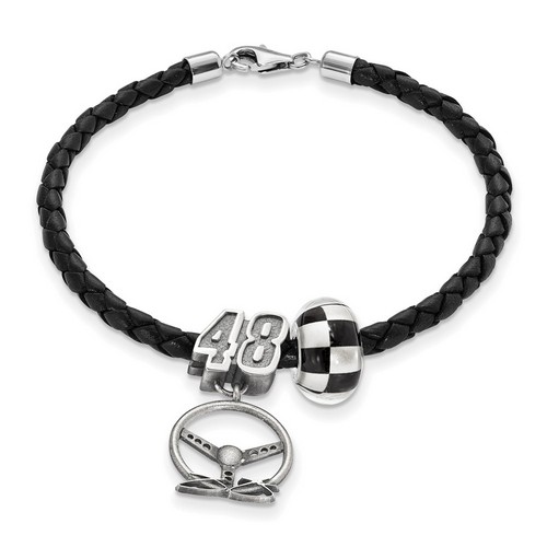 Jimmie Johnson #48 Checkered Flag Bead Steering Wheel & Black Leather Bracelet
