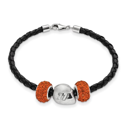 Denny Hamlin #11 Two Orange Crystal Silver Beads Helmet & Black Leather Bracelet