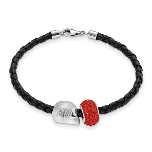 Matt Kenseth #20 Red Crystal Sterling Silver Bead Helmet Black Leather Bracelet