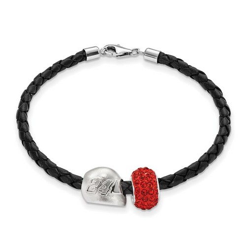Jeff Gordon #24 Sterling Silver Red Crystal Bead Helmet & Black Leather Bracelet