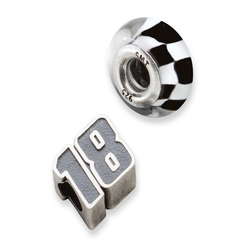 Kyle Busch #18 Checkered Flag & Car Number Bead In Sterling Silver
