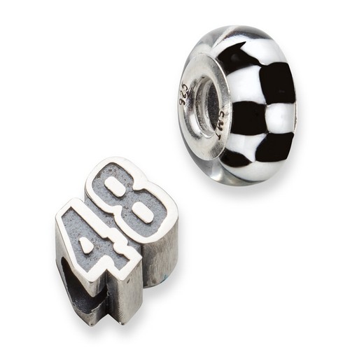Jimmie Johnson #48 Checkered Flag & Car Number Bead In Sterling Silver