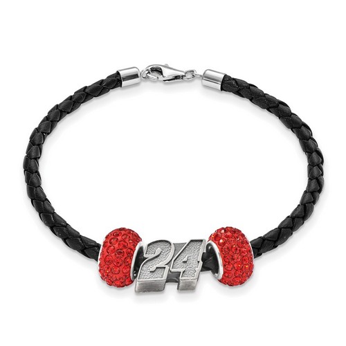 Jeff Gordon #24 Two Red Crystal Sterling Silver Beads & Black Leather Bracelet