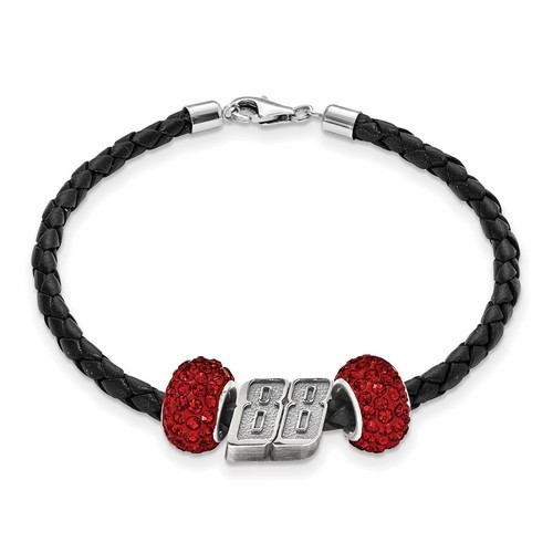 Dale Earnhardt Jr #88 Two Red Crystal Silver Beads & Black Leather Bracelet