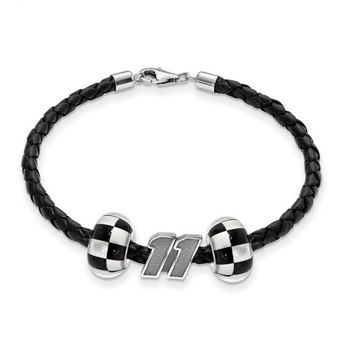 Denny Hamlin #11 Silver Twin Checkered Flag Beads & Black Leather Bracelet