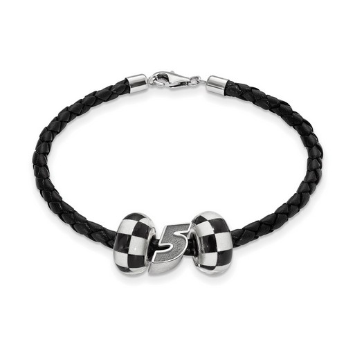 Kasey Kahne #5 Sterling Silver Two Checkered Flag Beads & Black Leather Bracelet