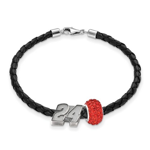 Jeff Gordon #24 Sterling Silver Red Crystal Bead & Black Leather Bracelet