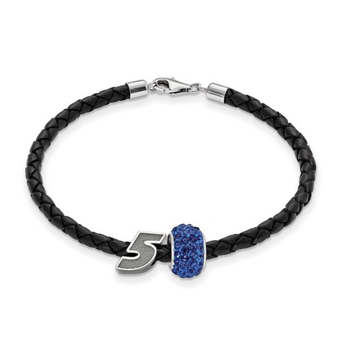 Kasey Kahne #5 Sterling Silver Blue Crystal Bead & Black Leather Bracelet