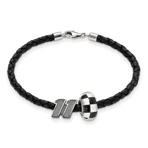 Denny Hamlin #11 Sterling Silver Checkered Flag Bead & Black Leather Bracelet