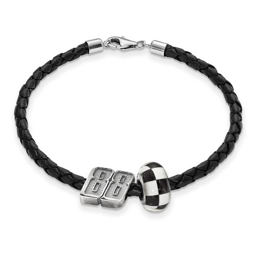 Dale Earnhardt Jr #88 Silver Checkered Flag Bead & Black Leather Bracelet