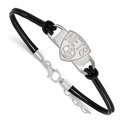 Brooklyn Nets Small Sterling Silver Center Logo Leather Bracelet 4.20 gr