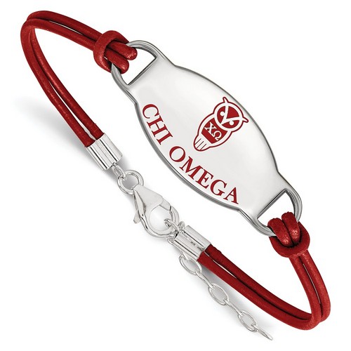 Chi Omega Sorority Enameled Oval Leather Bracelet in Sterling Silver 5.40 gr